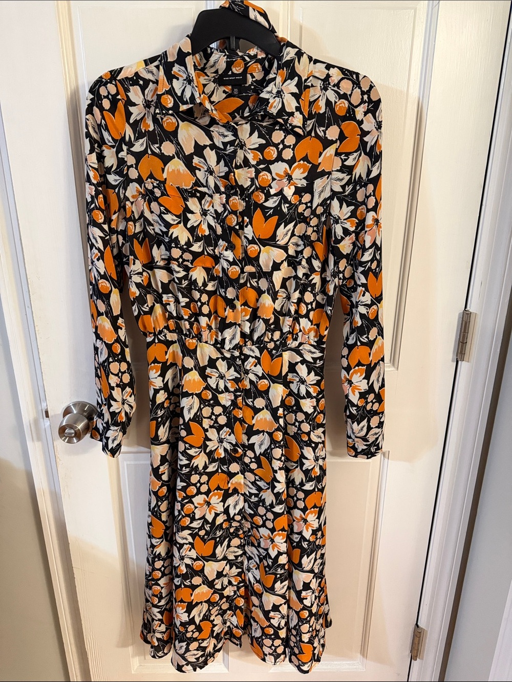 Who What Wear Long-Sleeve Black Floral Dress with Orange and Cream Blooms